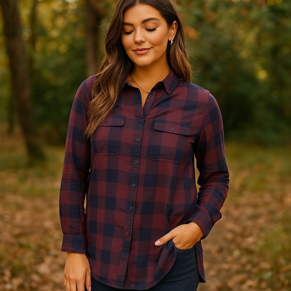 Fat Face Women US L /16 Plaid Flannel Tunic Red Navy Button Down Top Boho Camp